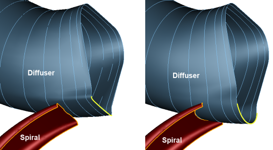 Compares diffuser base form factor of 0.2 and 1.0 for a spiral cross section of type line segments Compares diffuser base form factor of 0.2 and 1.0 for a spiral cross section of type line segments